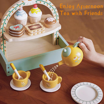 Wooden Dessert Cake Tea Party Set for Little Girls Toys, Pretend Play Kids Tea Set for Toddlers Wood Toys, Wooden Play Food Kitc