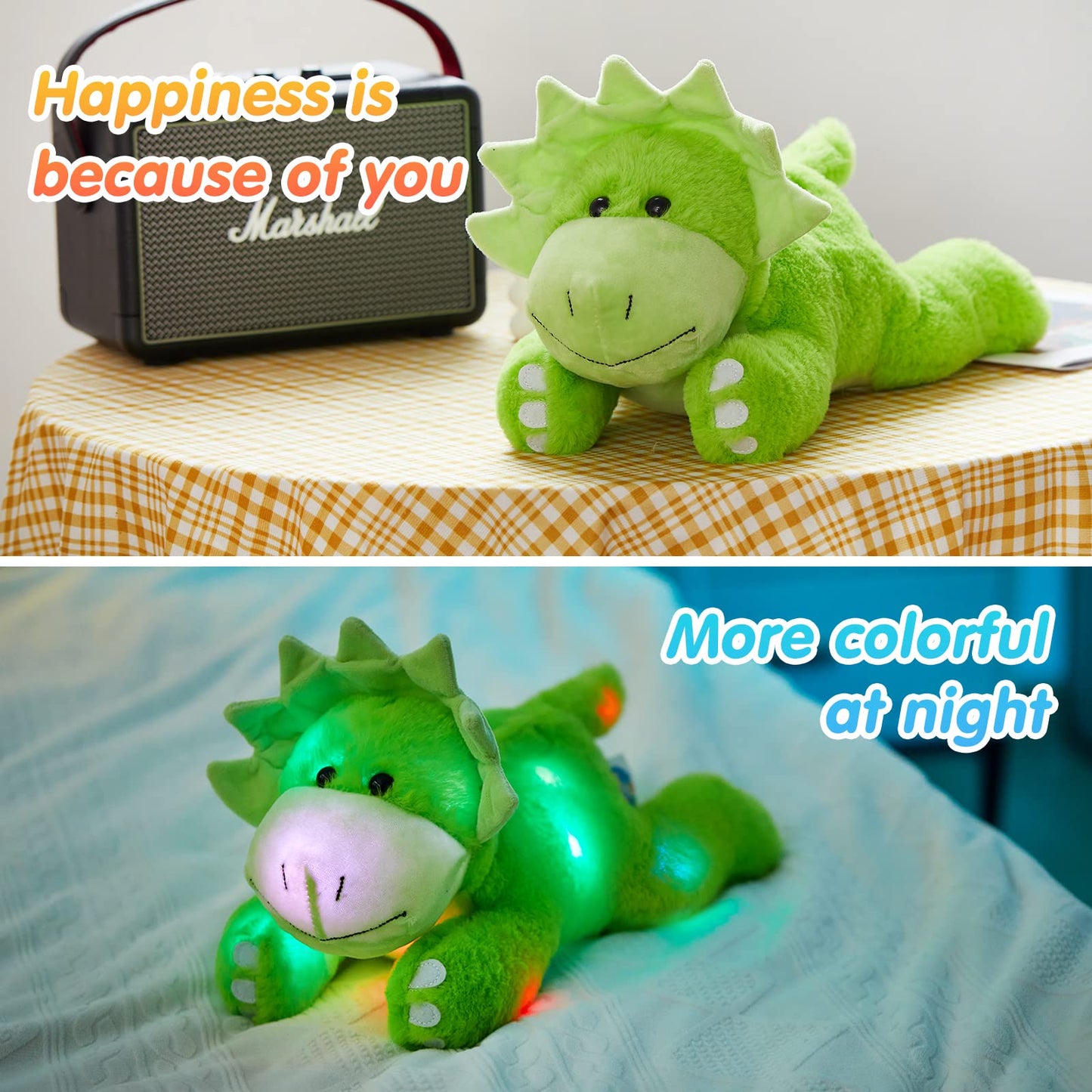 Glow Guards 15'' LED Plush Triceratops Dinosaur Stuffed Animal, Green Glow in the Dark Toy for Kids, Perfect for Birthdays and Children's Day