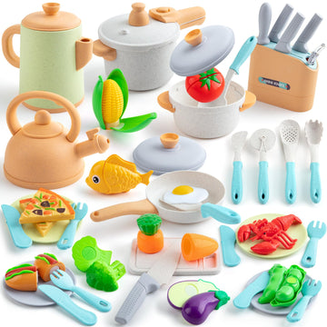 TIKJOYFUL 42Pcs Play Kitchen Accessories, Kids Kitchen Pretend Play Toys with Play Pots and Pans, Utensils Cookware Toys, Play F