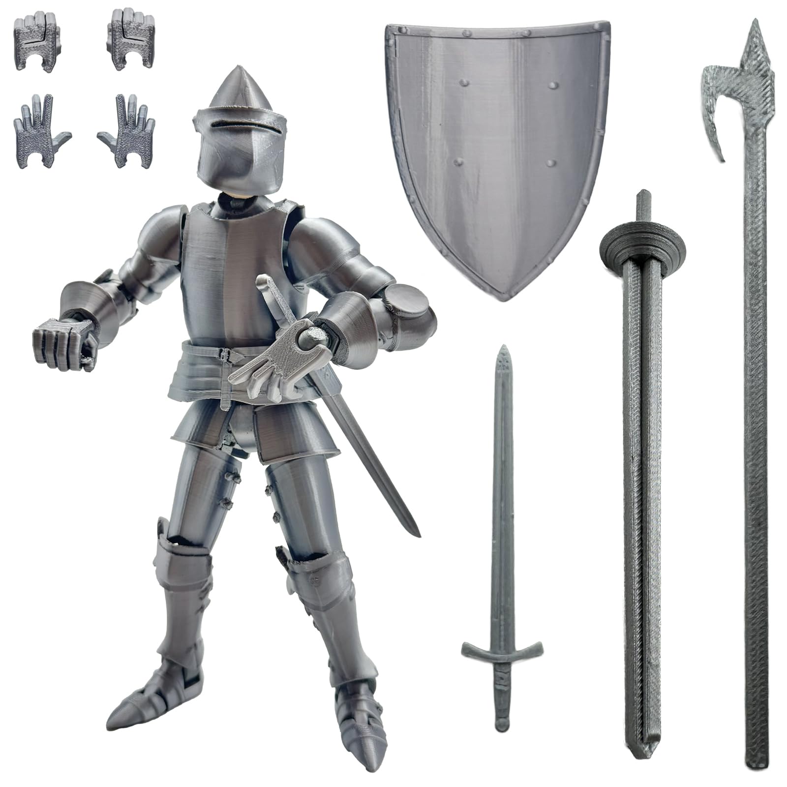enttgo Fine 3D Printed 8.95-inch Medieval Knight T13 Figure, Full Body Mechanical Movable Toy, Metallic Silver Craft Toy, Table 