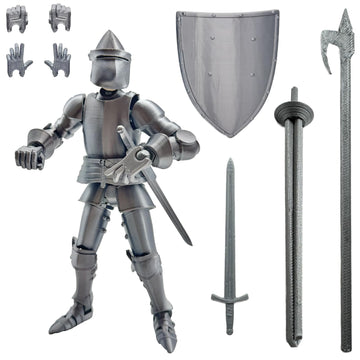 enttgo Fine 3D Printed 8.95-inch Medieval Knight T13 Figure, Full Body Mechanical Movable Toy, Metallic Silver Craft Toy, Table 