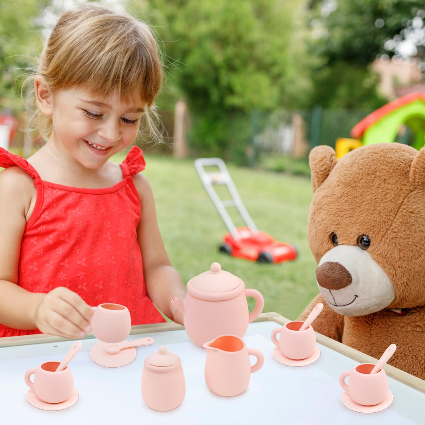 MCGMITT Silicone Tea Party Set, Toy Tea Set for Toddlers Kids, Includes Teapot, 4 Tea Cup and Coasters, Creamer, Sugar Bowl, 4 S