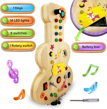 Wooden Montessori Musical Busy Board For Toddlers For 3-5 Year-Old With Mechanical Turner, Colorful Bulbs, Switches, Buttons - E