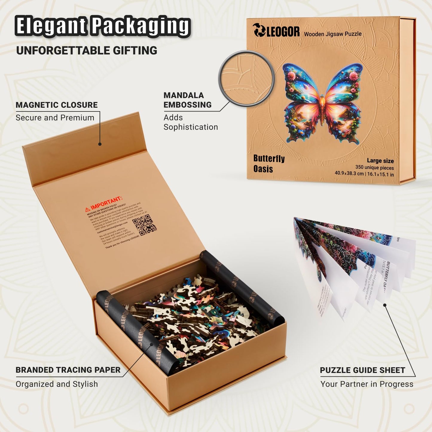 Butterfly Oasis - 350 Piece Wooden Puzzles for mature-themeds - 16.1 x 15.1 in - Extra-Thick 5 mm Wood Puzzle  Hand-Shaped Pieces  Nature Life Mosaic Design - enhanced Gift for Puzzle Lovers by LEOGOR