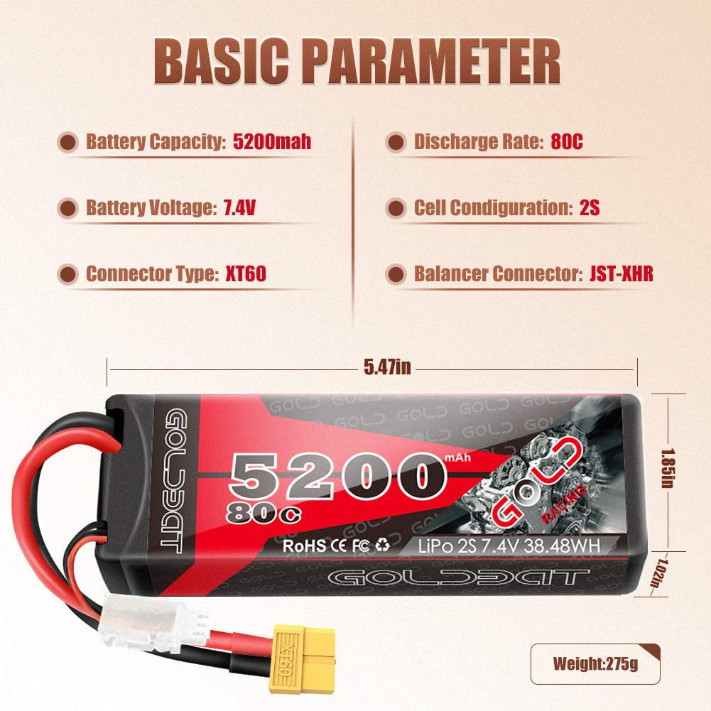 Goldbat 5200Mah 80C 2S 7.4V Rc Lipo Battery Hard Case With Xt60 Plug For Rc Evader Bx Car Rc Truck Rc Truggy Racing (2 Pack)
