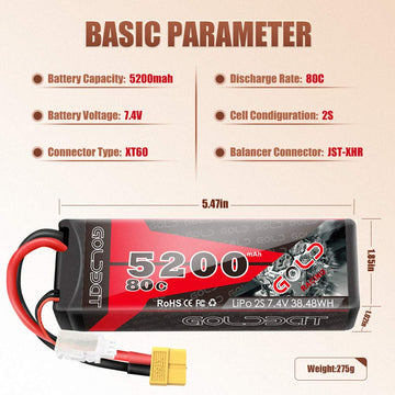 Goldbat 5200Mah 80C 2S 7.4V Rc Lipo Battery Hard Case With Xt60 Plug For Rc Evader Bx Car Rc Truck Rc Truggy Racing (2 Pack)