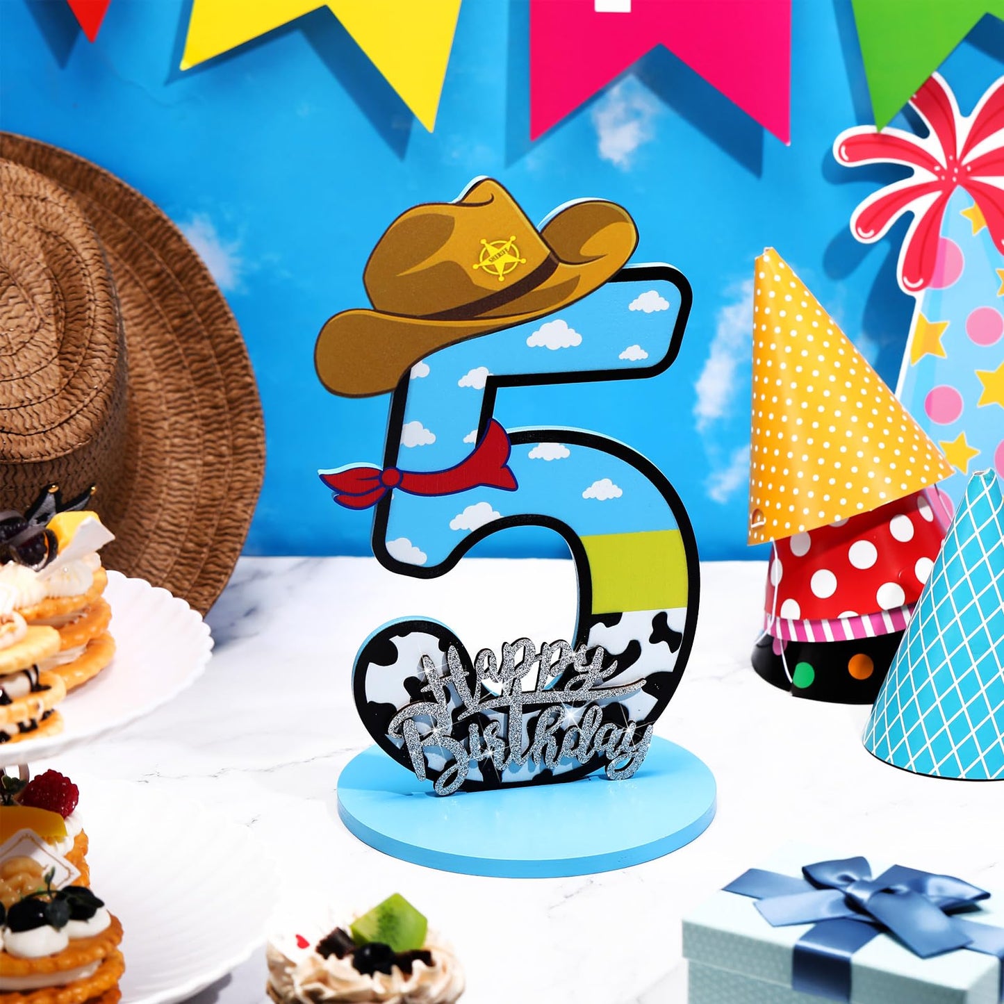 Vercraft Toy Theme 5th Birthday Party Number Centerpiece Cartoon Party Number Sign Blue Sky and White Cloud Cow Birthday Sign fo