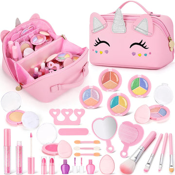 Kids Washable Makeup Kit for Girls with Cosmetic Bag - 29 Pcs Real Non Toxic Make up Set for Toddlers - Unicorn Makeup Toys for 