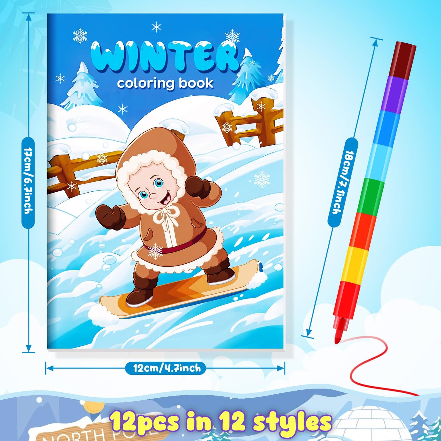 BenLouis 12 Winter Mini Coloring Books Kids with 12 Stacking Crayons Polar Animals Party Favors Small Activity Books Bulk for Ki