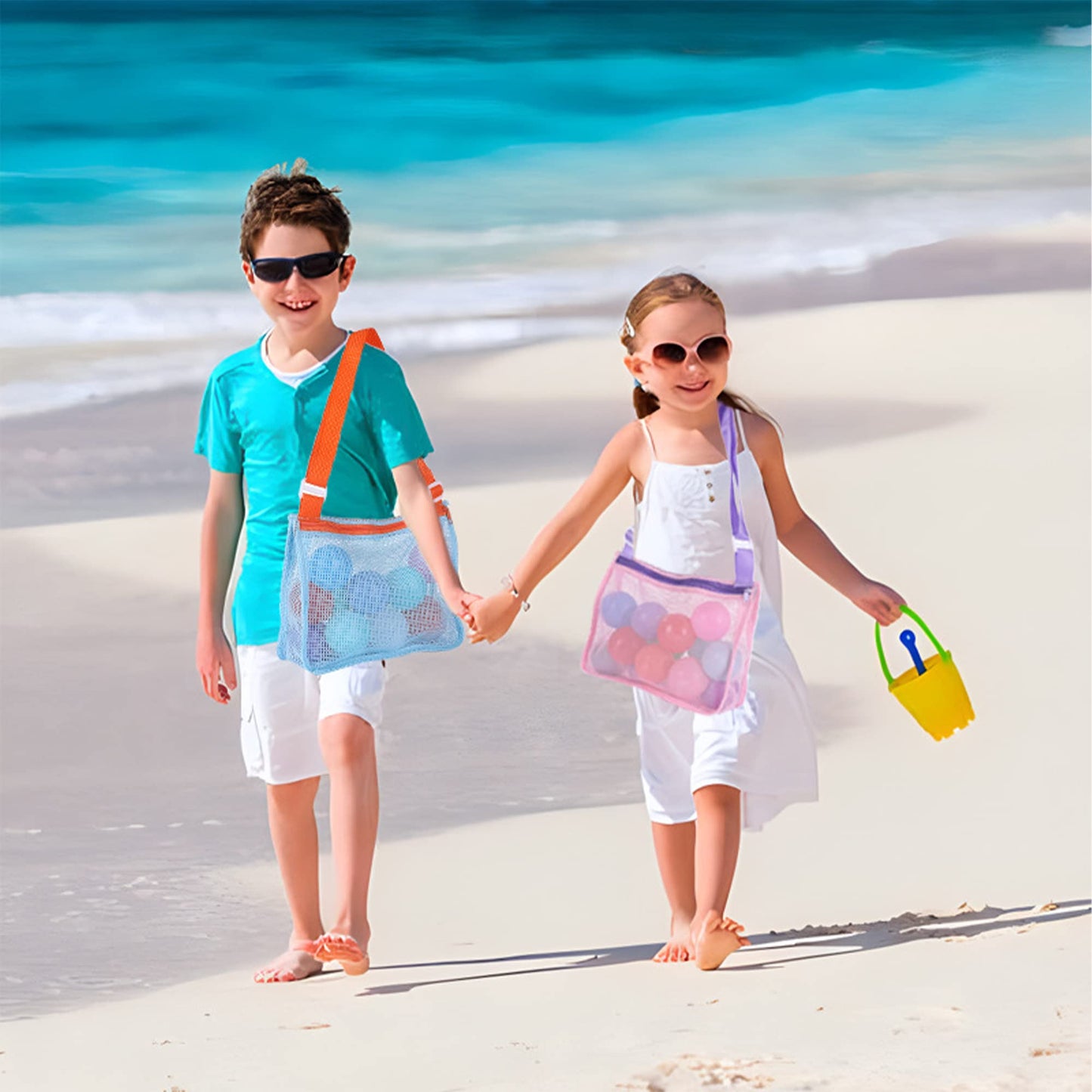 Uttpll Mesh Beach Bag For Kids Quick Dry Beach Accessories Vacation Trip Baby Toddler Seashell Collecting Colorful Net Tote For