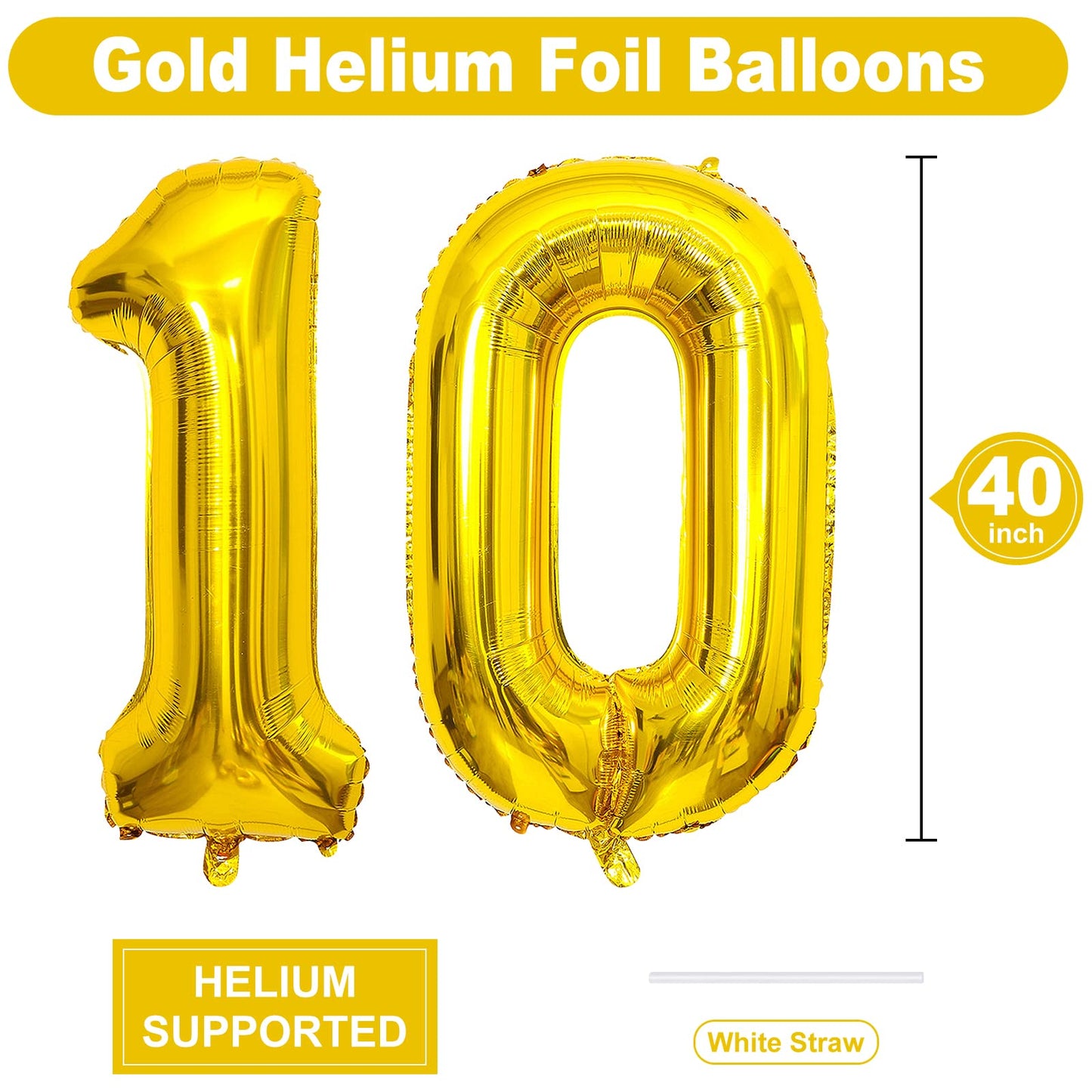 Isndare 40 Inch Number Balloons 10, Gold Helium Foil Number 10 Balloons, Large Number Balloon Age Balloon For Boys Girls Birthda