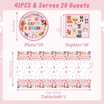 41Pcs Pink Dog Birthday Party Decorations Set Puppy Party Supplies Including Dog Girl Party Plates Napkins Tablecloth Serves 20 Guests For Dog Birthday Parties Decorations