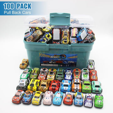 Mostop 100 PCS Mini Pull Back Car Set, Pull Back Racing Vehicles for Kids Toddlers, Kids Party Favors Car Pack Toy with Storage