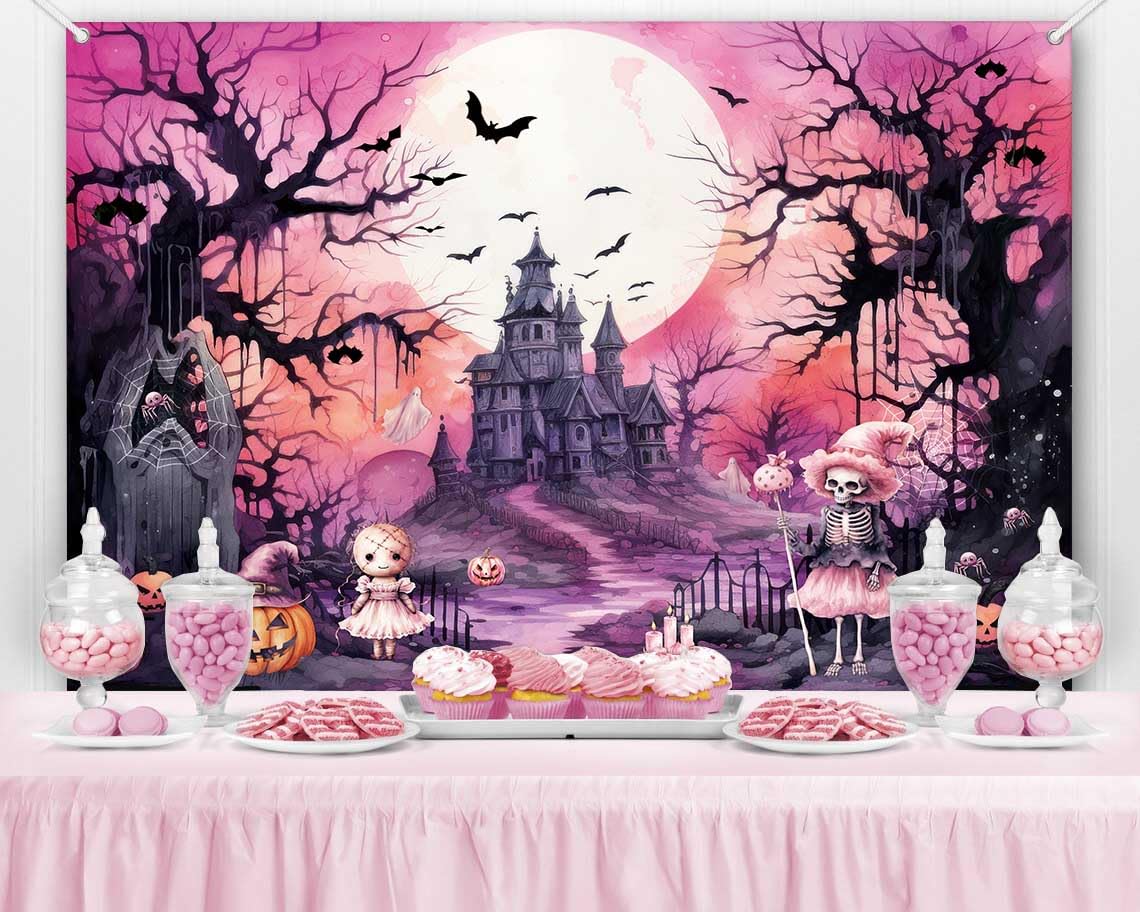 LDWLYW Pink Halloween Backdrop Banner 5x3 ft Spooky Witch Decor for Kids, Black Ghost Haunted House Party Background