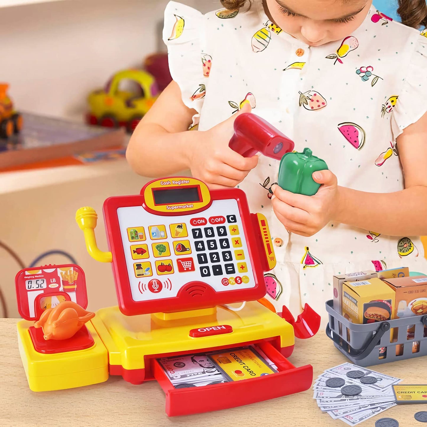 Fs Pretend Play Cash Register Toy With True Barcode Scanner & Calculator, Microphone, Play Food, Supermarket Cashier, Great Pre-