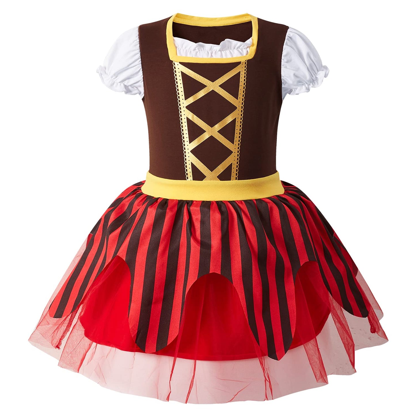 Auggle 3Pc Toddler Baby Girl Outfits Halloween Costume Stripe Skirt Kid Pirate Puff Sleeve Dress With Head Scarf (4T)