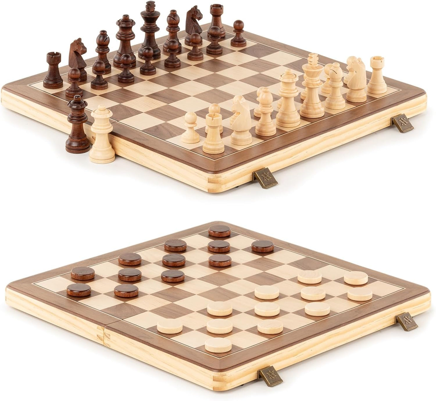A&A 15'' Magnetic Wooden Chess Set/Folding Board / 3'' King Height German Knight Staunton Chess Pieces/Mahogany & Maple Inlaid /