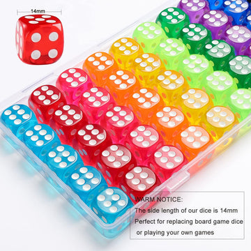 jrceliy 50 Pieces Colored Dice, 6 Sided Acrylic Dice for Board Games, 14mm for Math Learning
