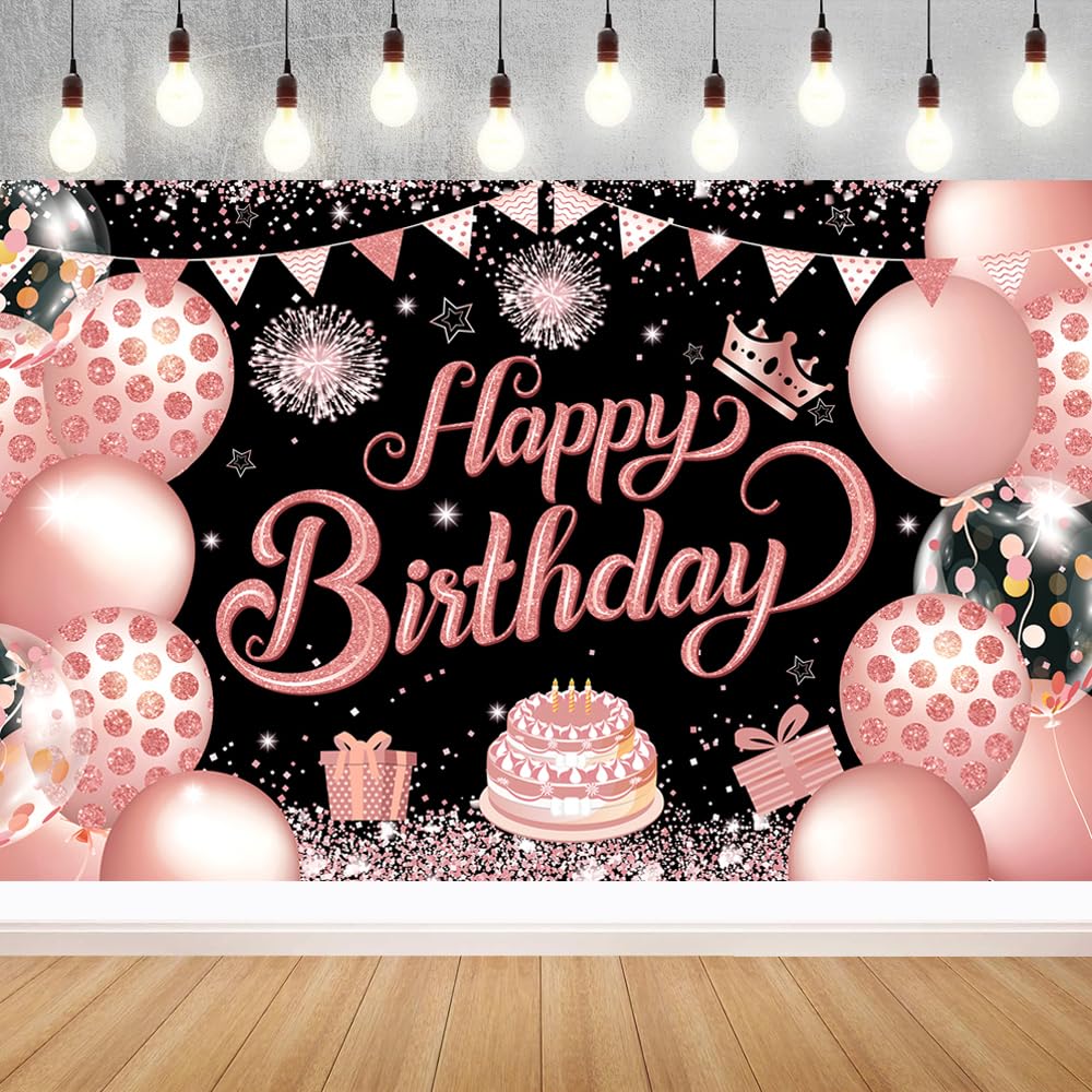 YinQin 180x120 cm Black Rose Gold Happy Birthday Party Backdrops Cloth 71x47 in. Glitter Rose Gold Birthday Photography Backgrou