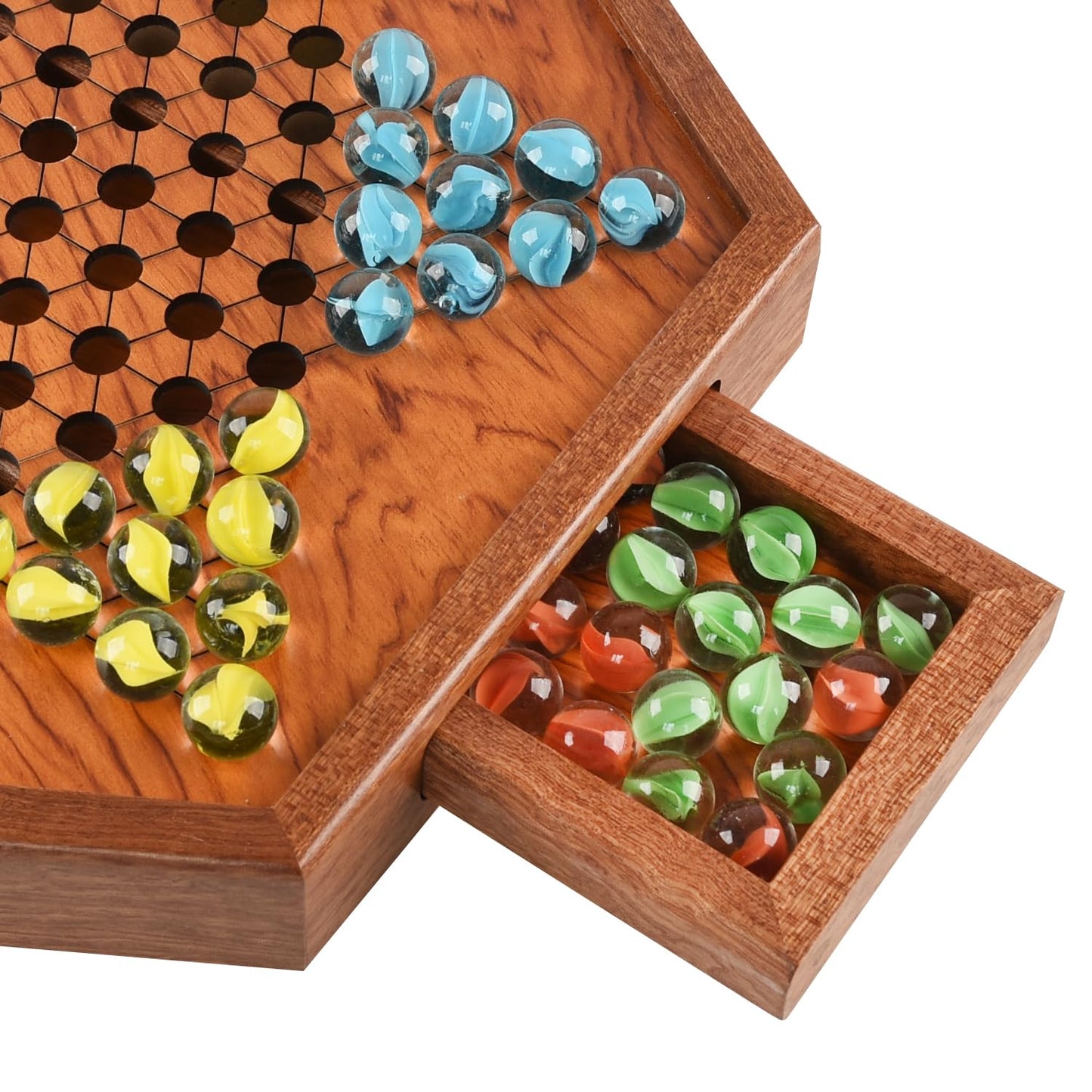 ALANGDUO Large 12.7" Wooden Chinese Checkers Set with 60+12 Glass Marbles, Dual-Sided Storage Drawer - Family Board Game for All Ages