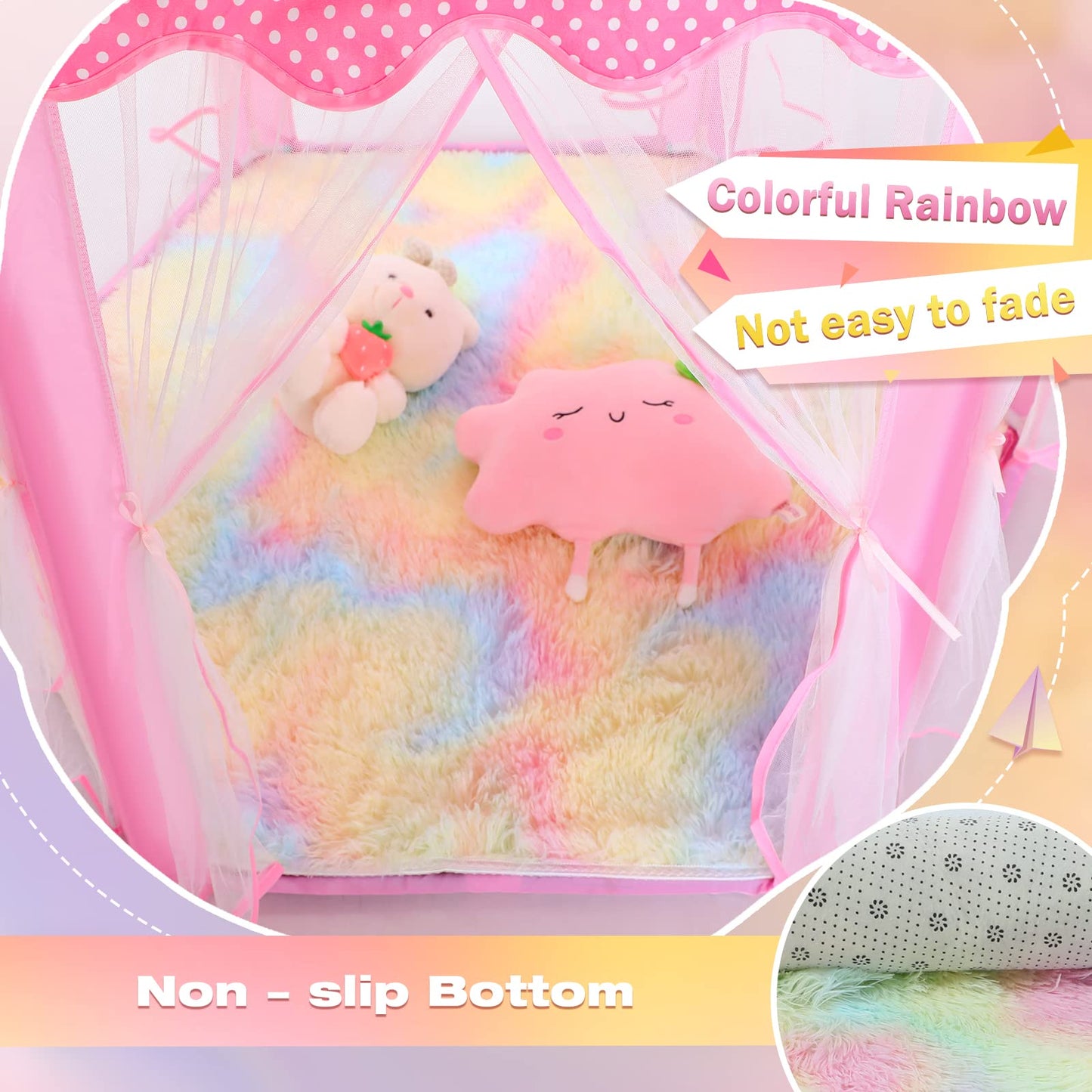 Senodeer Princess Tent With Rainbow Rug, Little Star Lights For Girls, Pink Play Tent For Kids, Girls Toys Set For Indoor Princess Games Decor, Princess Castle Playhouse