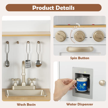 INFANS Kid Kitchen Playset, Toddler Wooden Pretend Cooking Set with Realistic Light & Sound, Stove, Sink, Microwave, Storage Cab
