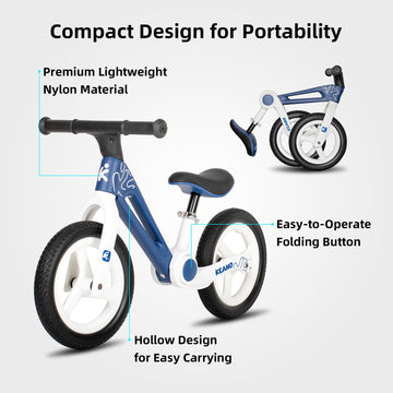 Joystar 12 Inch Balance Bike For Kids Age 2-6 Years, Foldable Toddler Balance Bicycle For 2 3 4 5 6 Years Old Girls & Boys, No Pedal Push Balance Bike With Adjustable Seat & Flat-Free Tires, Blue