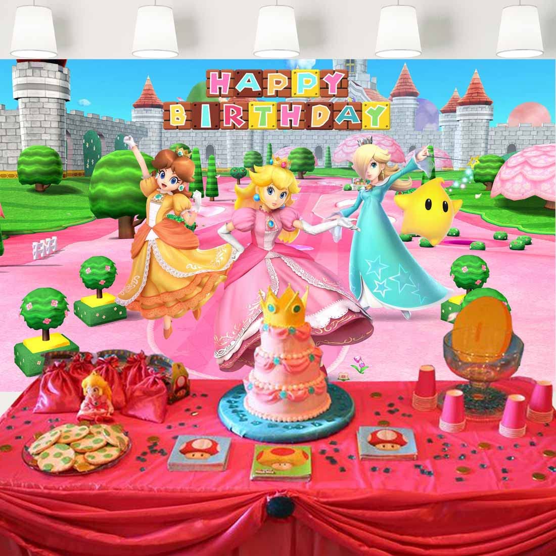 Super Mario Princess Peach Birthday Backdrop for Girls Princess Peach Castle Garden Background Daisy and Rosalina Video Game Ban