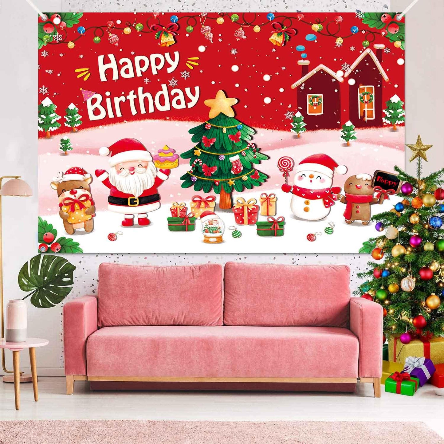LDWLYW Christmas Birthday Backdrop Happy Birthday Christmas Banner Backdrop for Girls Kids Red Christmas Birthday Party Decorati