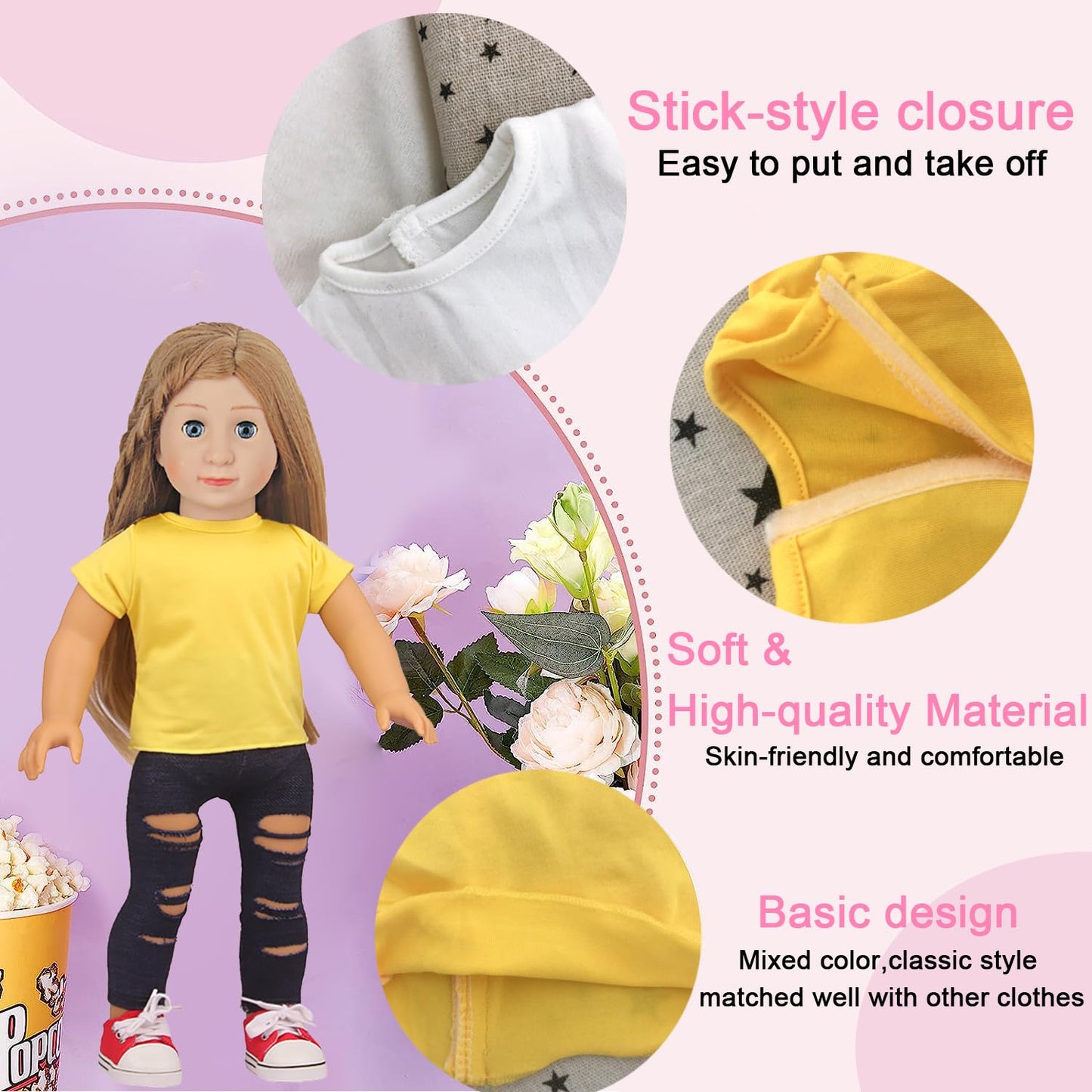 Augfrog 5 Pcs T-Shirts For 18 Inch Dolls, Summer Outfit Doll Clothes, Short Sleeved Classical Tee (Yellow)