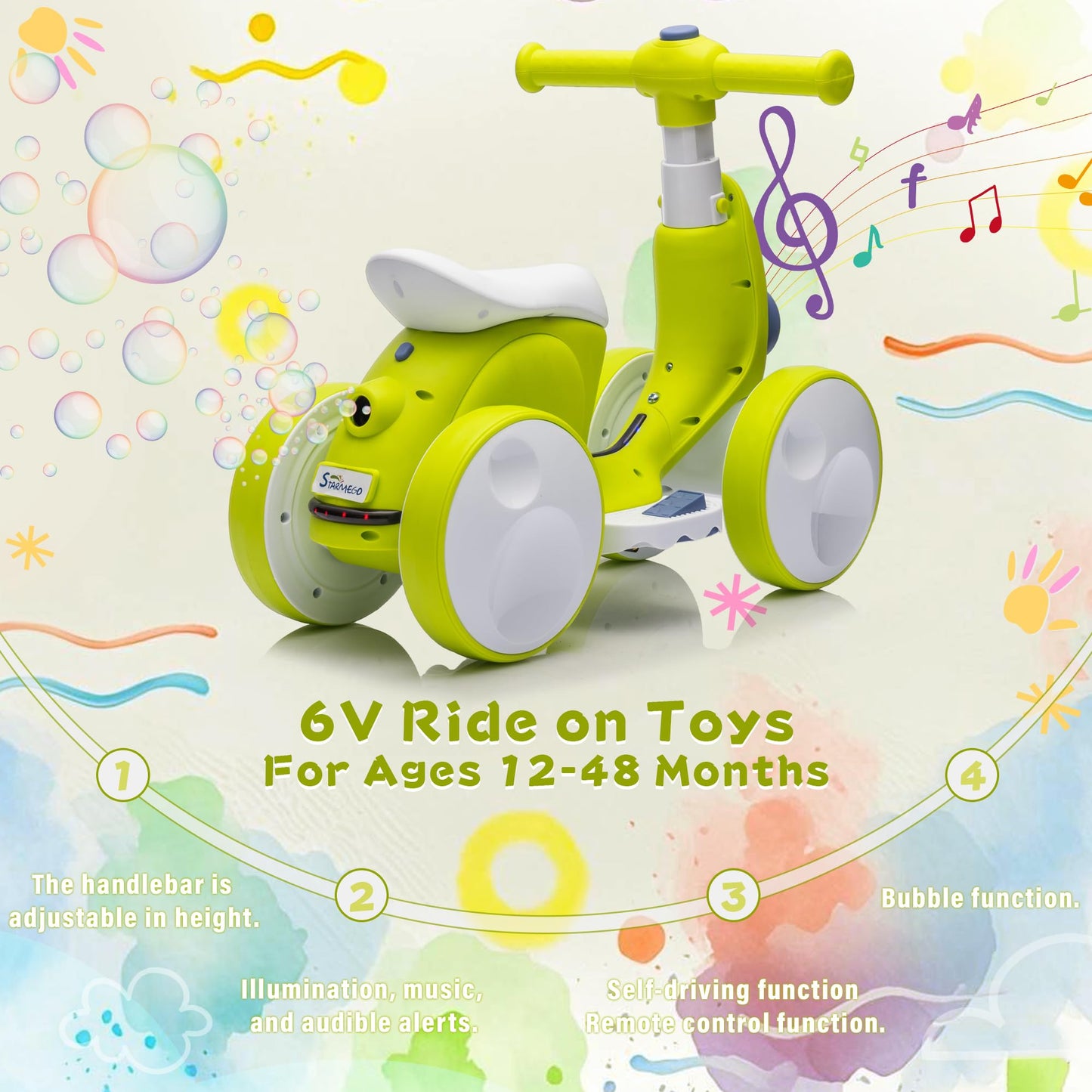 6V Electric Baby Balance Bike for 1 Year Old Boys Girls Ride on Toys 12-48 Months Toddler Balance Bike, 4 Wheels Kids First Bike