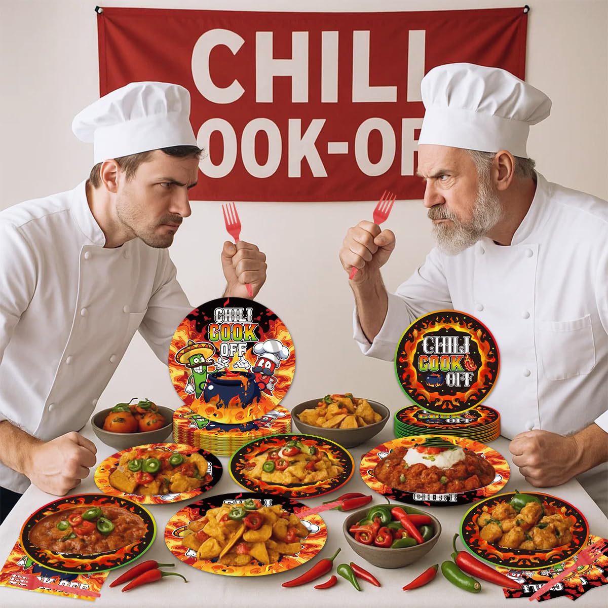 EUOYUFO 96Pcs Chili Cook Off Decorations Disposable Tableware Set - Chill Cook Off Paper Plates Napkins Forks Chili Contest Tast