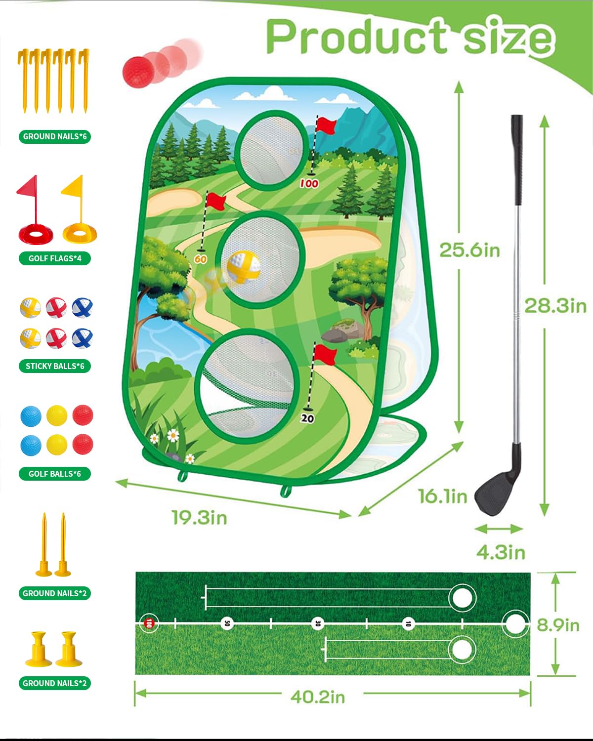 YSZZYSM 4-In-1 Kids Golf Games Set - Chipping Net, Putting Mat, Cornhole Board - Indoor/Outdoor - Blue - Model 7888-32 - 25.