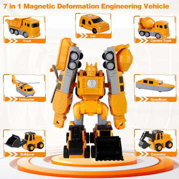 Magnetic Transform Engineering Car Assembled Toys, Construction Vehicles With Storage Box, 7 In 1 Robot Toys Set, Magnetic Block