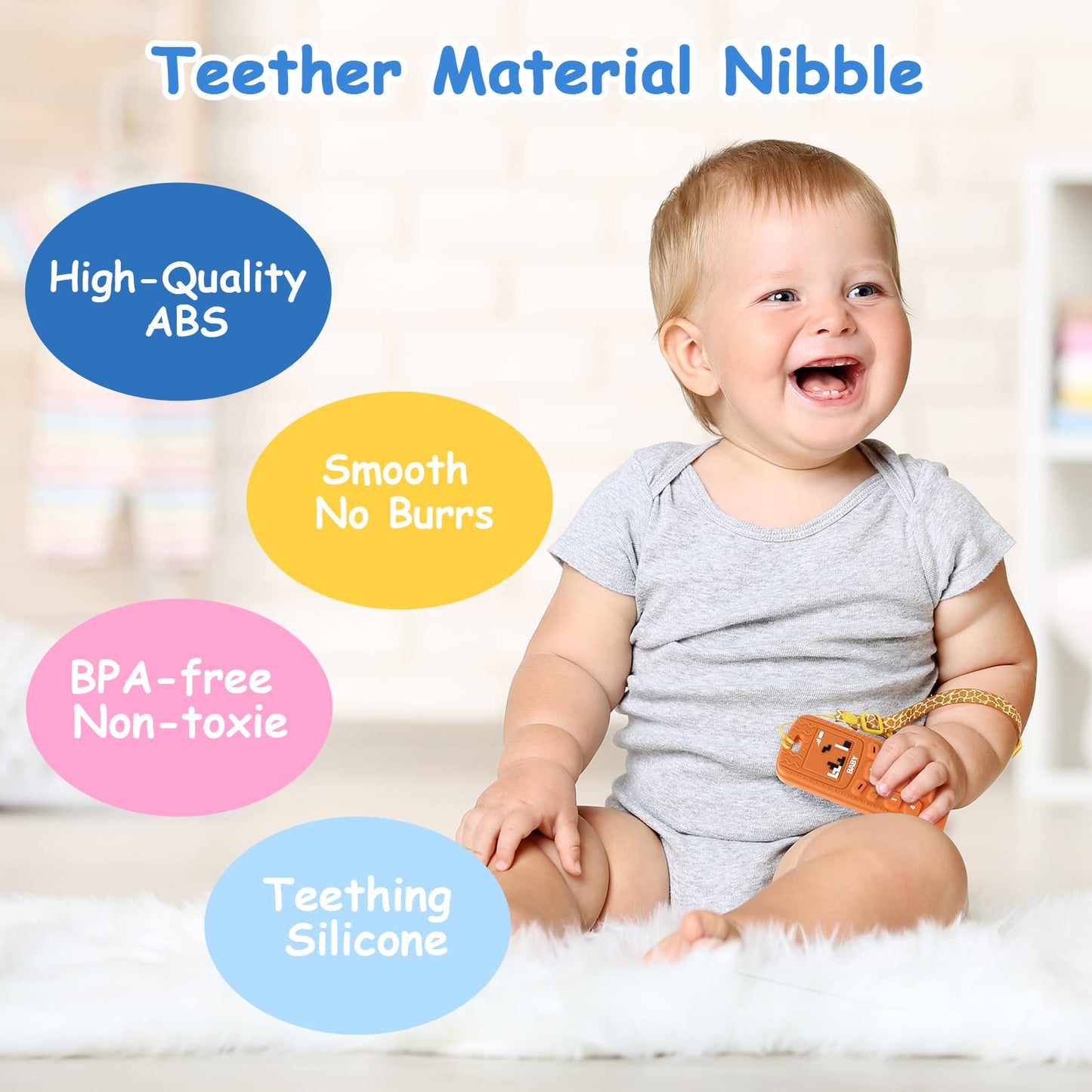 Aolso Baby Teether Toys, 2Pcs Silicone Phone Shape With 2Pcs Pacifier Clip, Soft Chew Toys For Boys Girls 0-18 Months, Teething