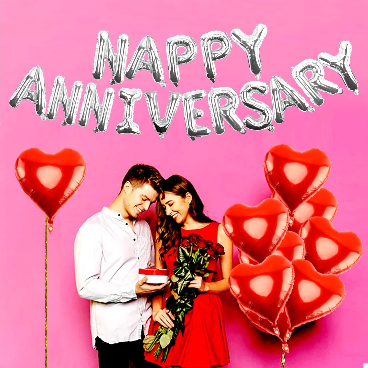 EWUHRY Happy Anniversary Balloons - 16" Silver Letters Banner & 18" Heart Balloons, Wedding Party Decor
