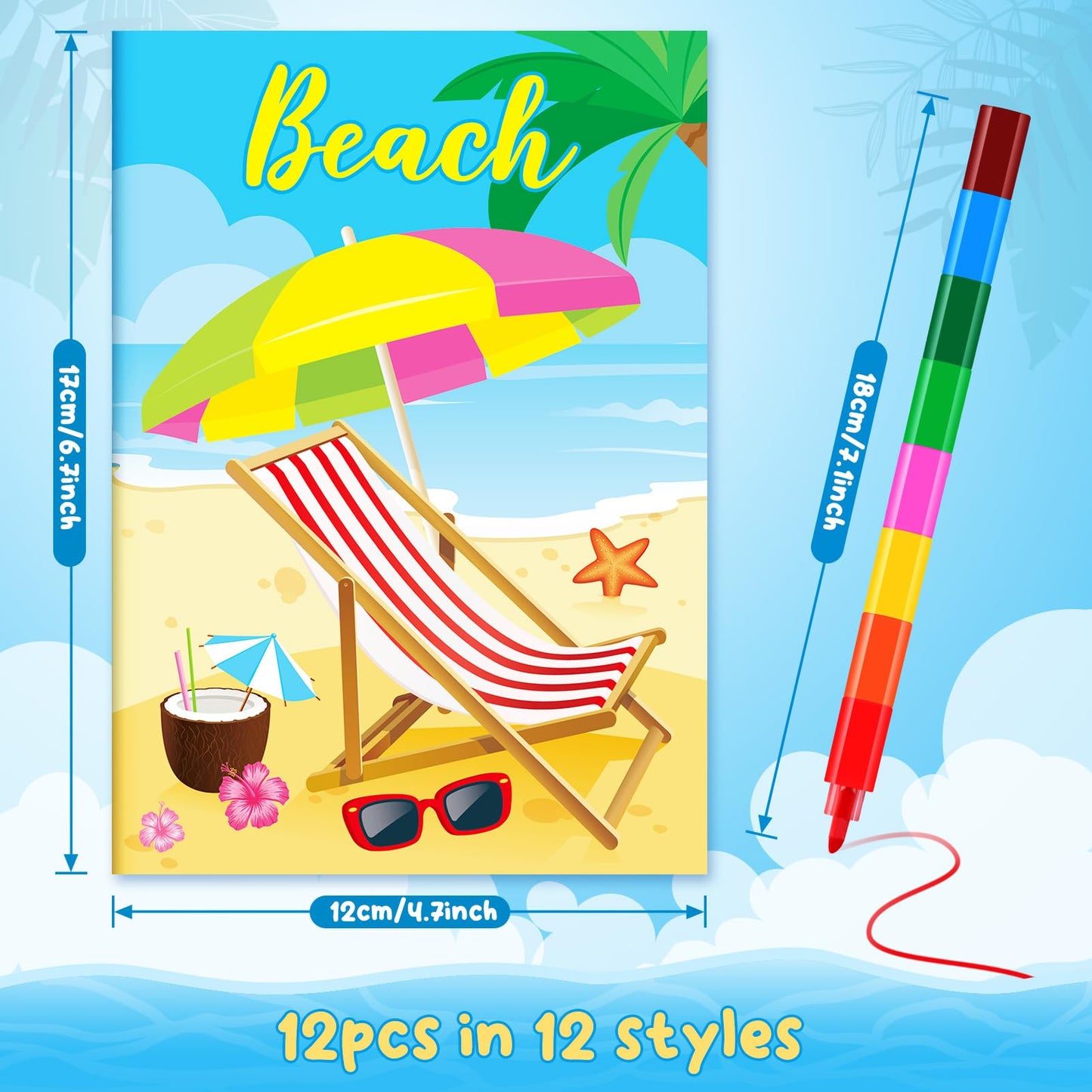 BenLouis 12 Summer Mini Coloring Books Kids with 12 Stacking Crayons Pool Beach Party Favors Small Activity Books Bulk for Kids