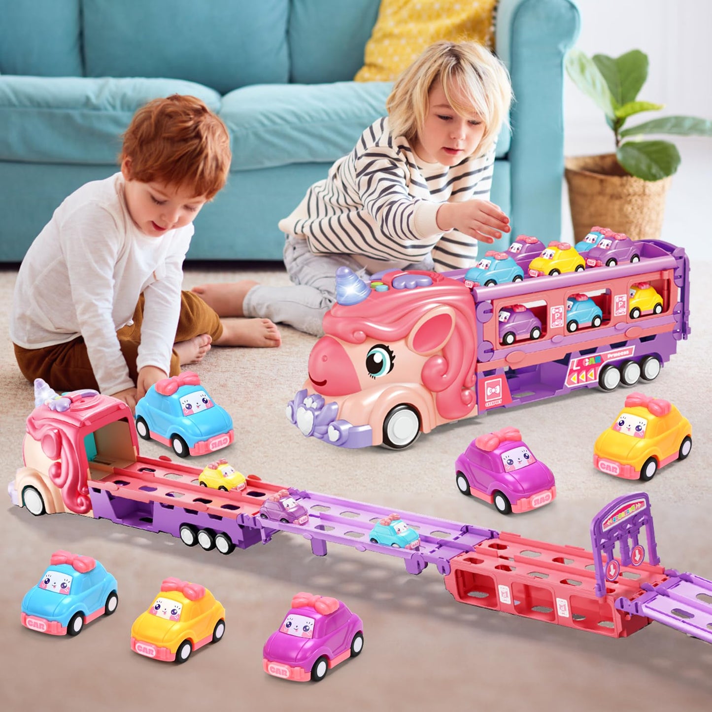 Car Toys for 3 4 5 6 7 Year Old Toddler Girl, Toys Truck & Foldable Race Track Car Toys with Light & Sound, Birthday Gift for Ki
