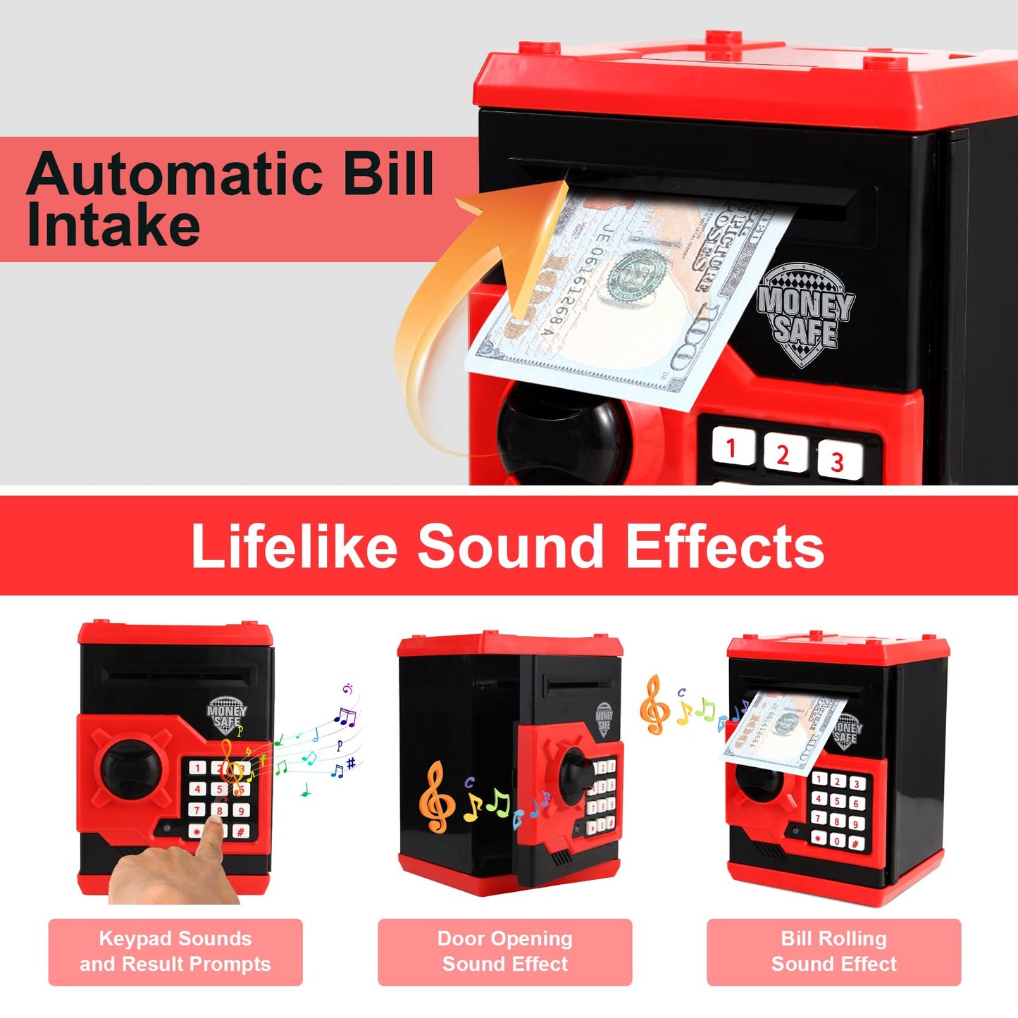 Pup Go Electronic Piggy Bank for Kids Ages 3-12 Years Old  Money Safe with Pasdecorative replica blade Protection  Auto Cash Scroll & Coin Slot  Money Saving Box  Cool Birthday for Boys & Girls (Red)