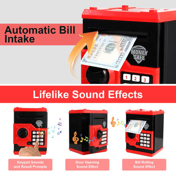 Pup Go Electronic Piggy Bank for Kids Ages 3-12 Years Old  Money Safe with Pasdecorative replica blade Protection  Auto Cash Scroll & Coin Slot  Money Saving Box  Cool Birthday for Boys & Girls (Red)