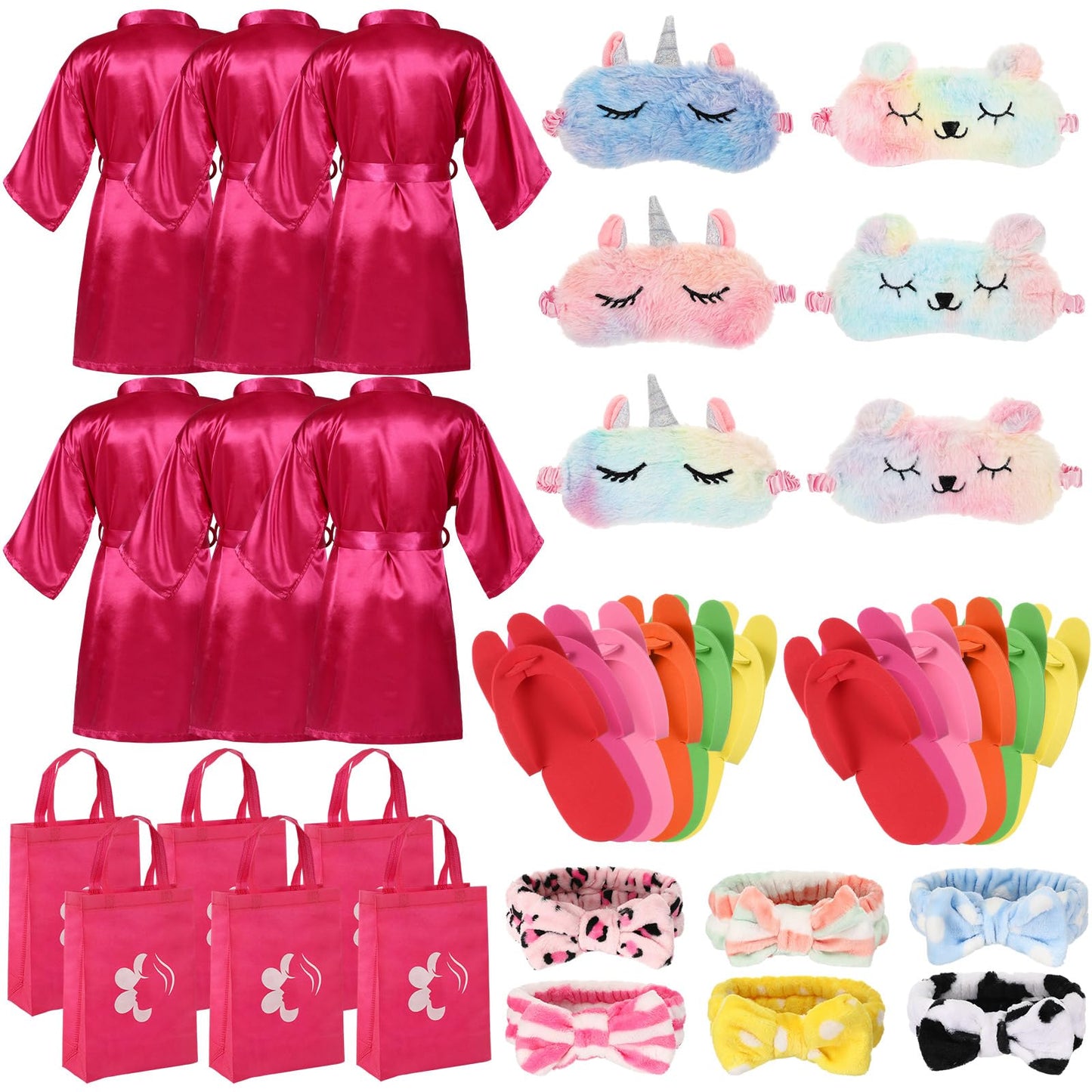 Shihanee 30 Pcs Spa Party Supplies For Girls, 6 Satin Robe 6 Kids Slippers Sleepover Birthday Spa Party Favors (Rose Red)
