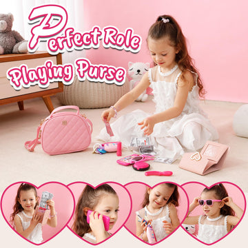 Graceduck Little Girls Purse with Play Makeup Kit, Kids Pretend Play Handbag Wallet Sunglasses Keys Credit Card with Pink Cosmet