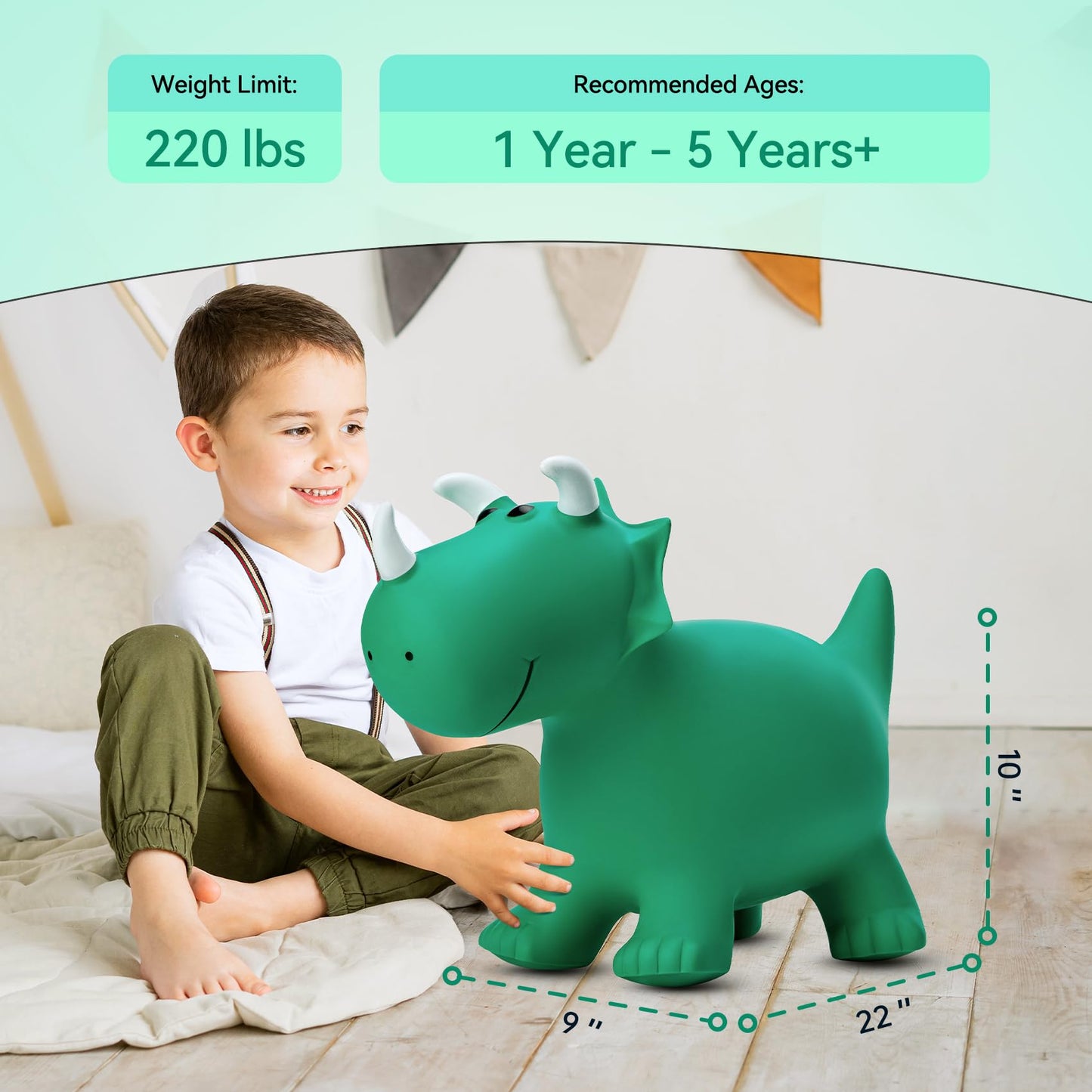 VangeBow Dinosaur Bouncy Animal - Green Triceratops Hopper Toy for Toddlers 3+, PVC, Indoor/Outdoor, First Birthday Gift