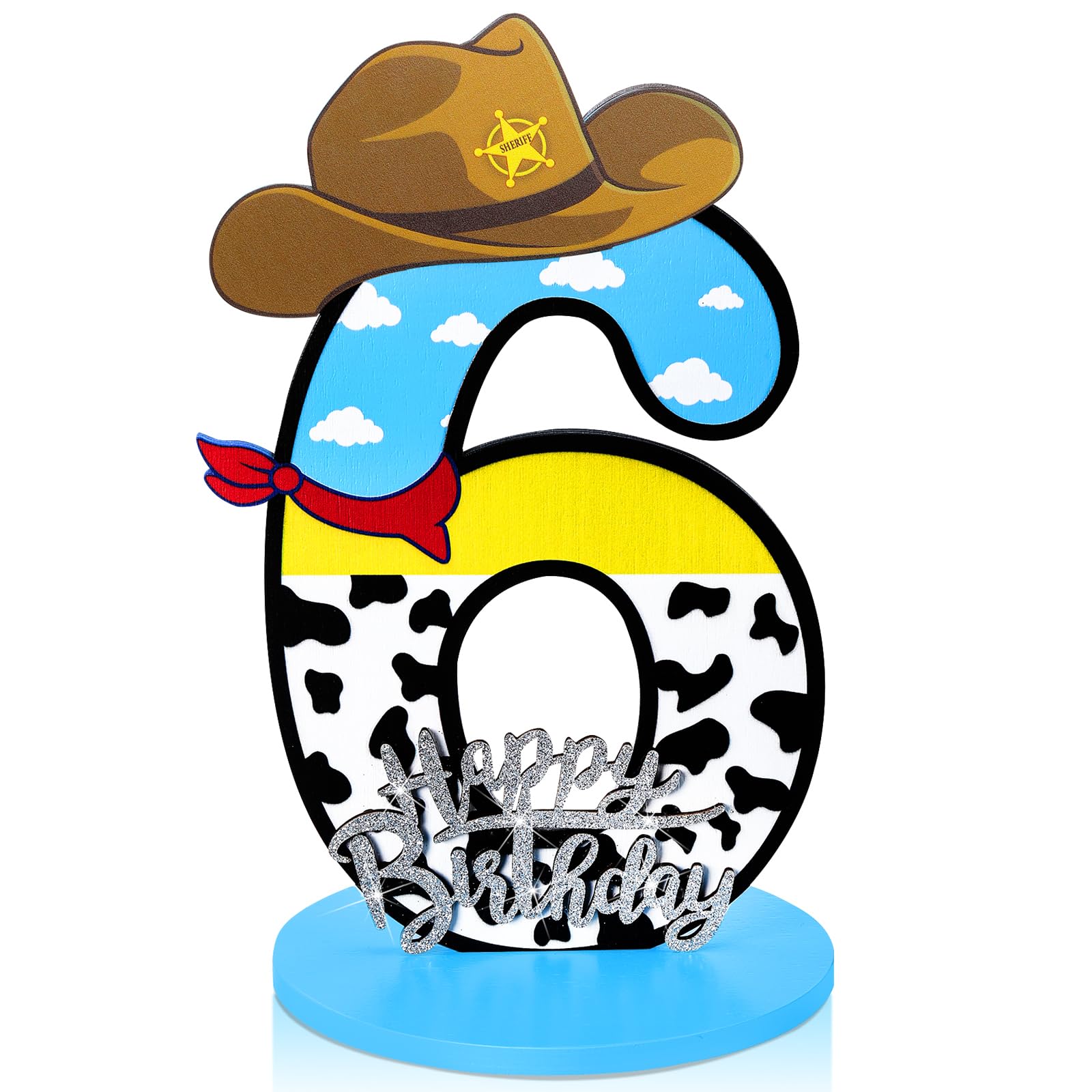 Vercraft Toy Theme 6th Birthday Party Number Centerpiece Cartoon Party Number Sign Blue Sky and White Cloud Cow Birthday Sign fo