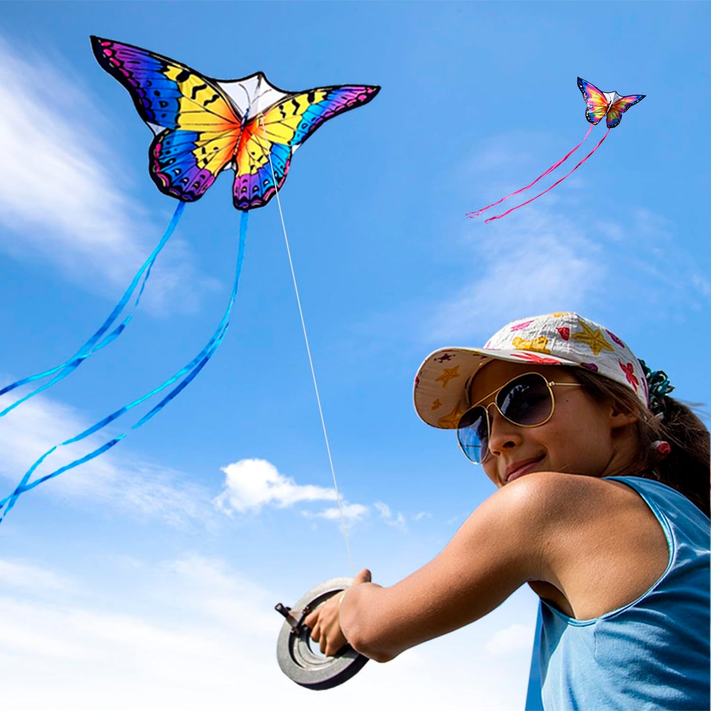 Honbo Butterfly Kites For Kids & Adults,55' X 28' Large Beginner Kite For Kids Ages 4-8,Easy To Fly For Beginners,Beach Kites For Outdoor Activities & Family Trip(Blue+Rainbow)
