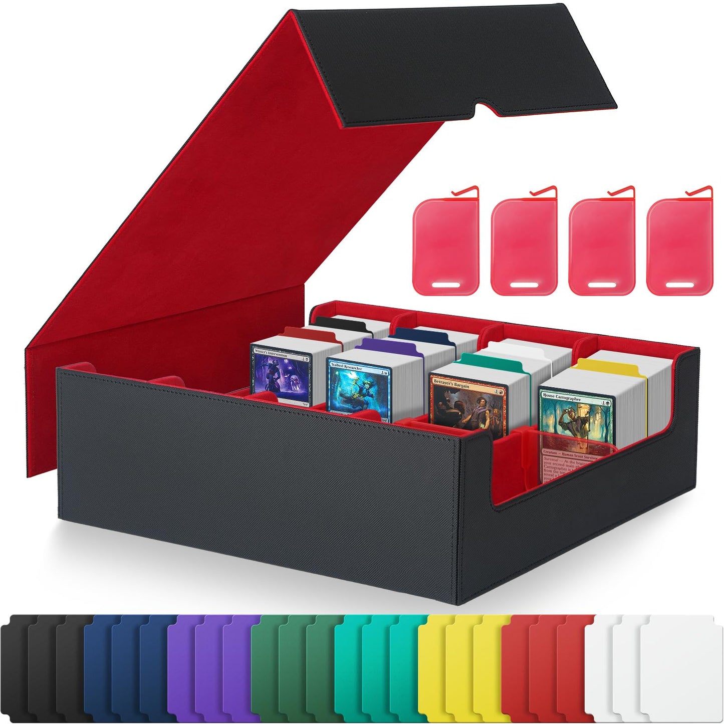 Railhorn Trading Card Storage Box - Holds 3000+ Cards  PU Leather Commander Deck Box with Magnetic Closure  24 Dividers & 4 Card Supports  4-Row Organizer for MTG  PTG  Sports Cards