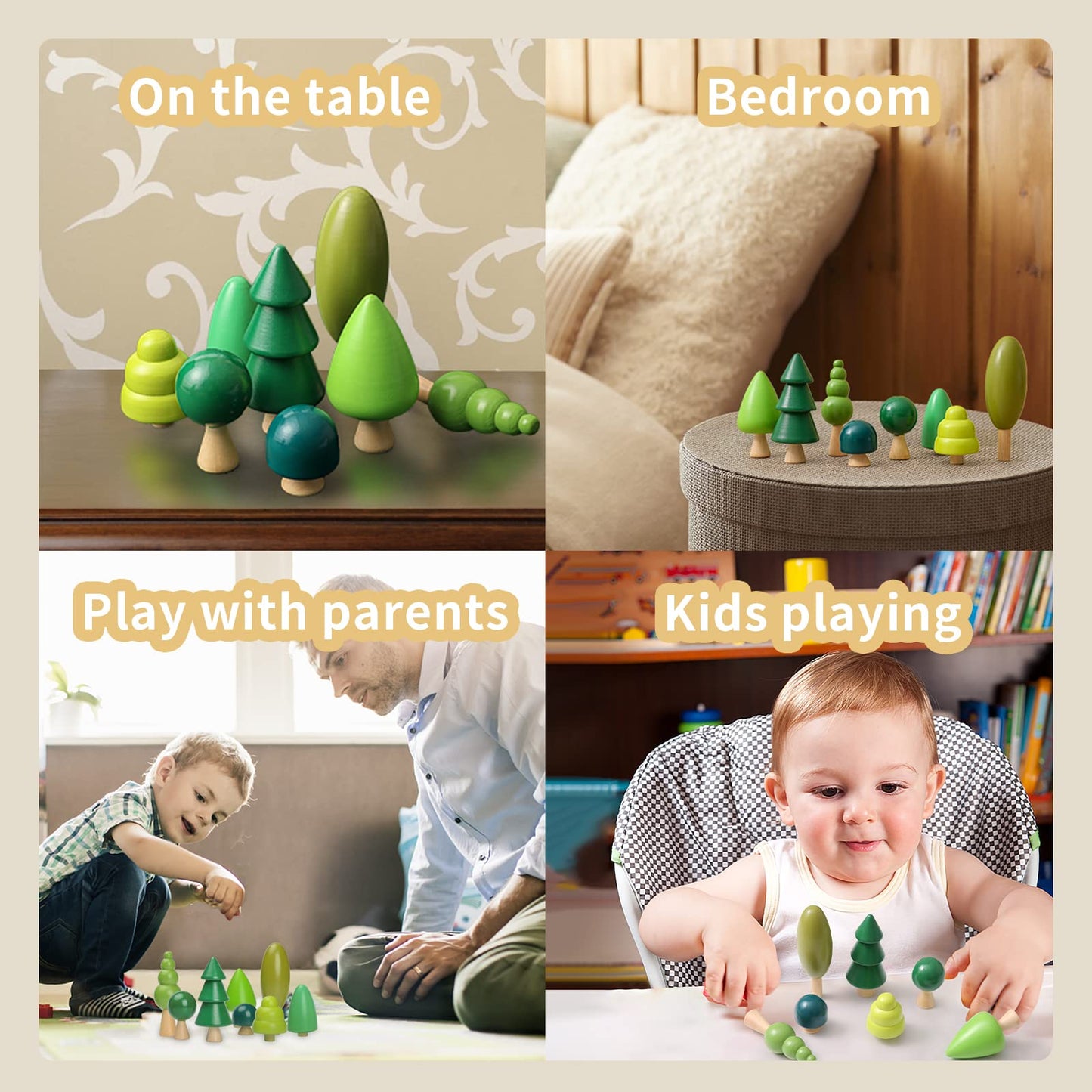 Oessuf 8Pcs Wooden Tree Toy Set Wooden Forest Various Sizes Natural Woodland Trees Creative Toddler Arts Toy