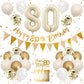 80Th Birthday Decorations Sand White Gold,80Th Birthday Balloons Beige Gold,Happy 80Th Birthday Banner With Cake Toppers Number