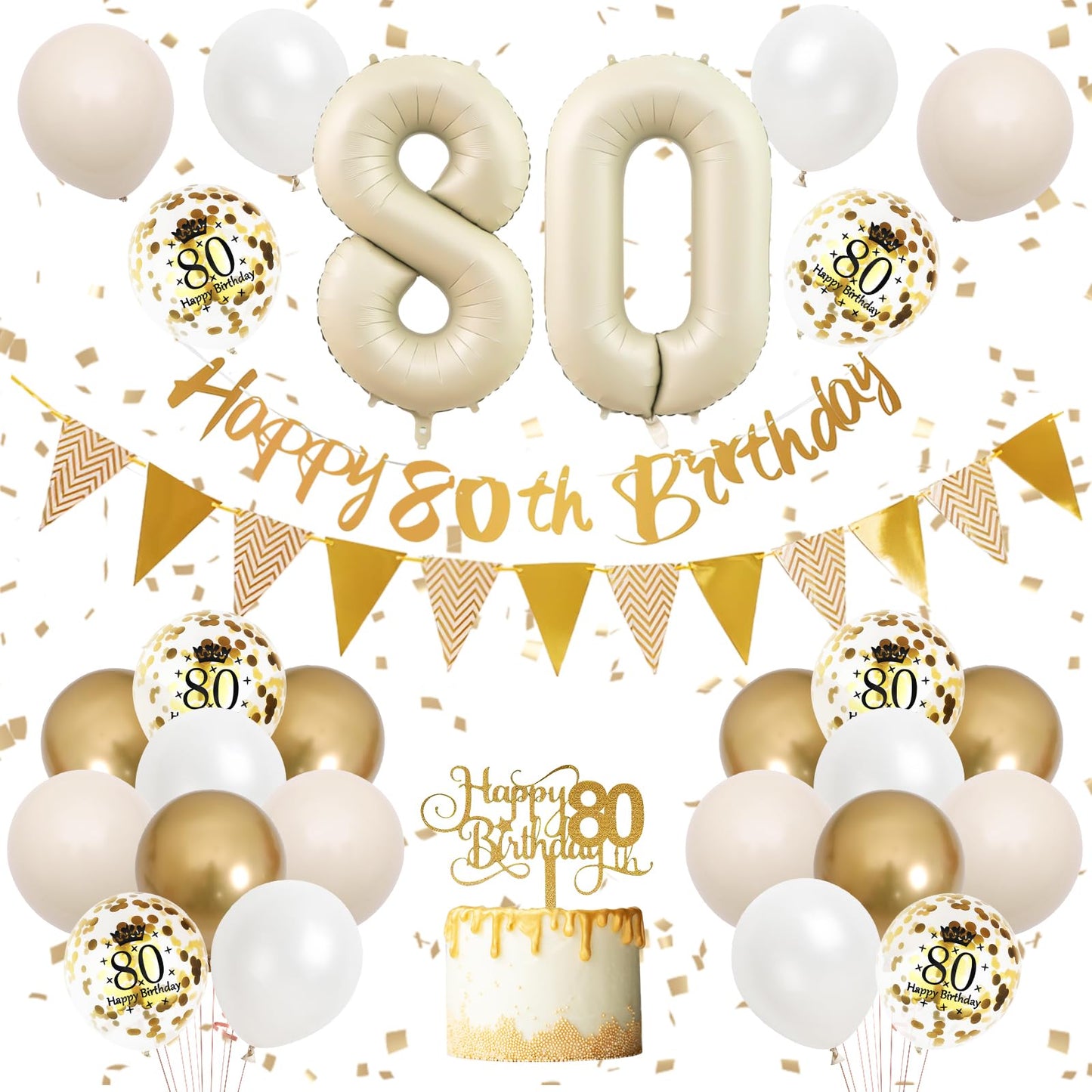 80Th Birthday Decorations Sand White Gold,80Th Birthday Balloons Beige Gold,Happy 80Th Birthday Banner With Cake Toppers Number