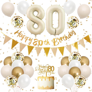 80Th Birthday Decorations Sand White Gold,80Th Birthday Balloons Beige Gold,Happy 80Th Birthday Banner With Cake Toppers Number